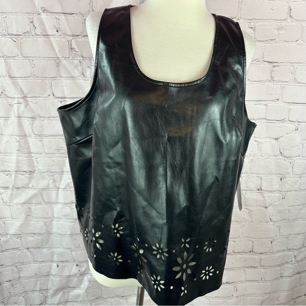 NWT scoop Black Faux Leather laser-Cut floral Tank Top womens XL biker punk